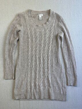 Valerie Bertinelli Cable Knit Crewneck Sweater/Sweater Dress- Beige/Taupe